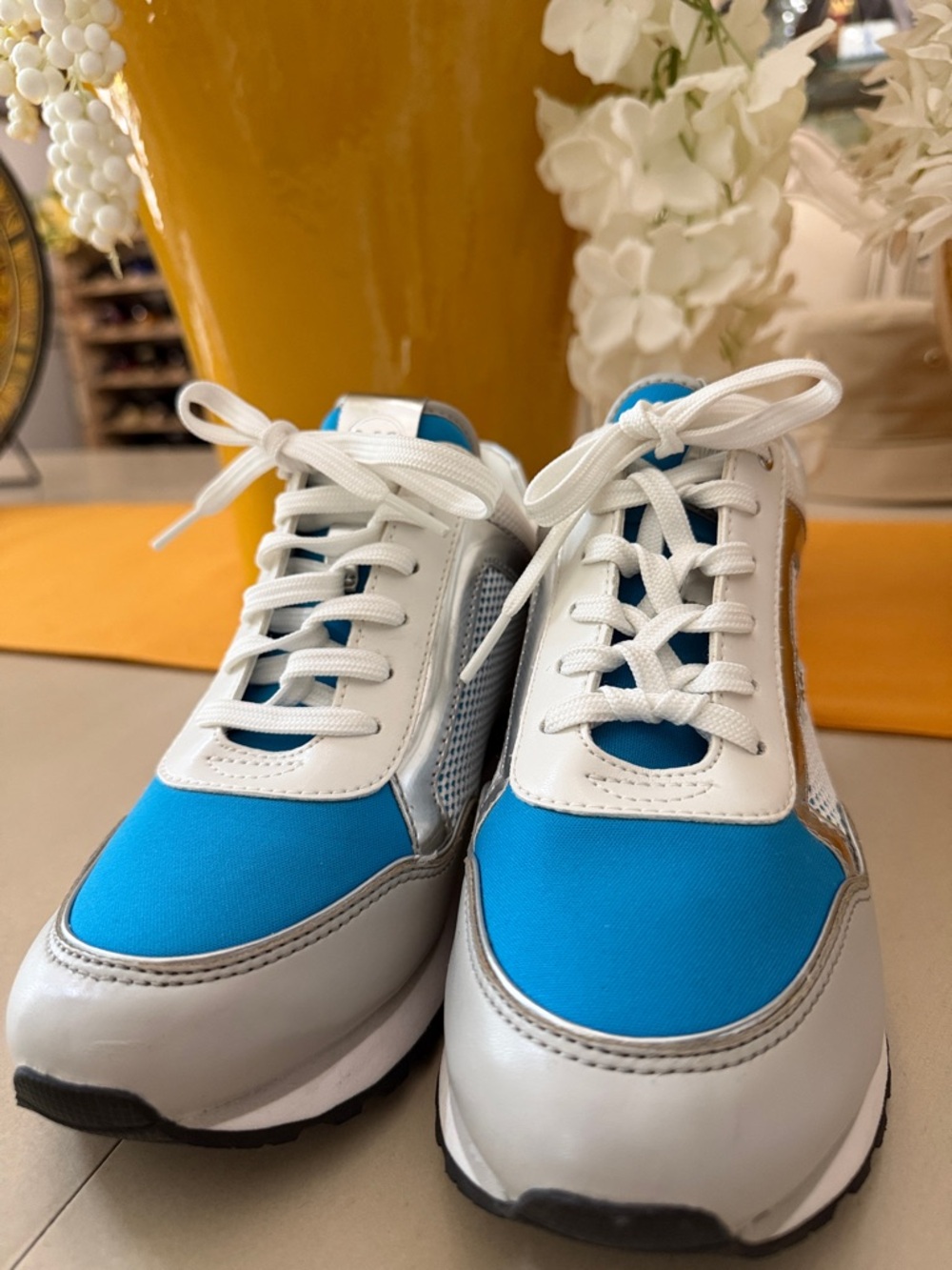Michael Kors White, Silver & Bright Blue Athletic Sneakers